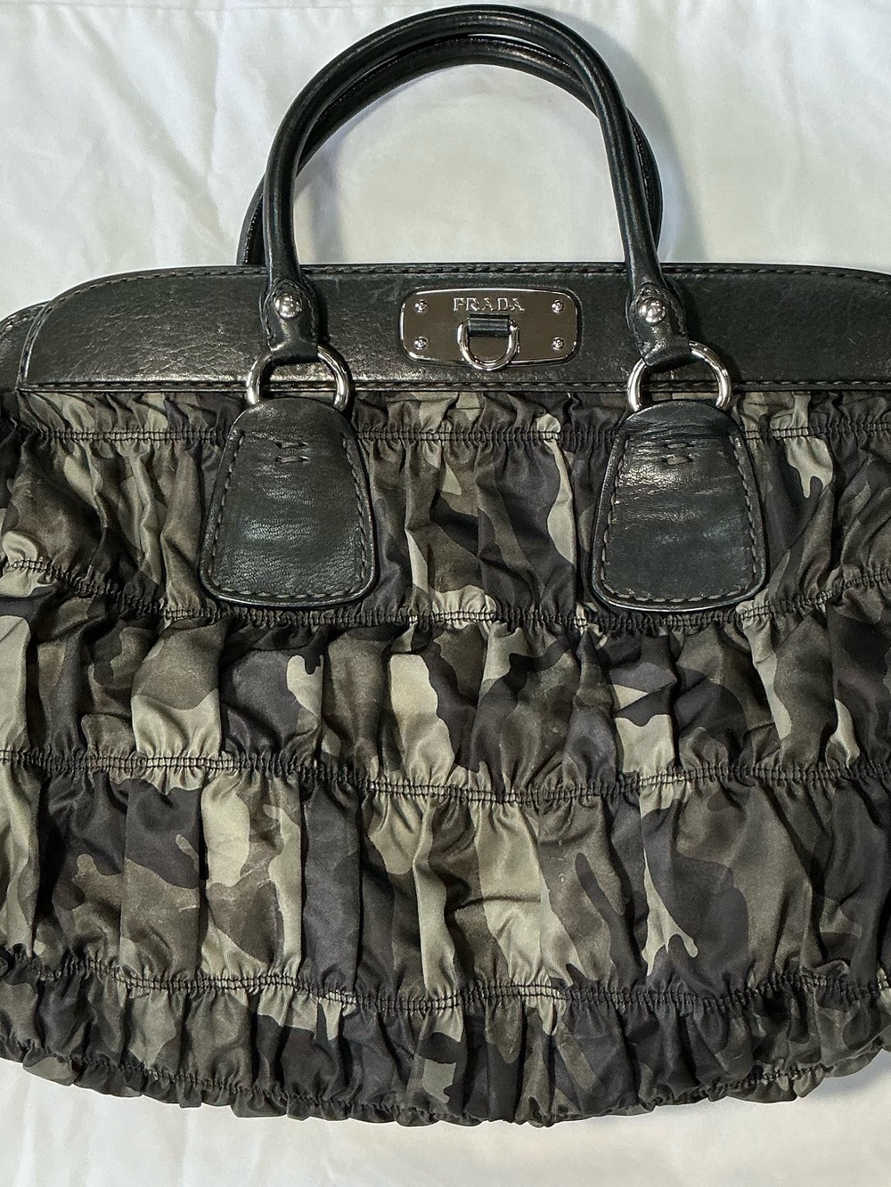 Prada Black and Olive Camouflage Ruched Shoulder Bag